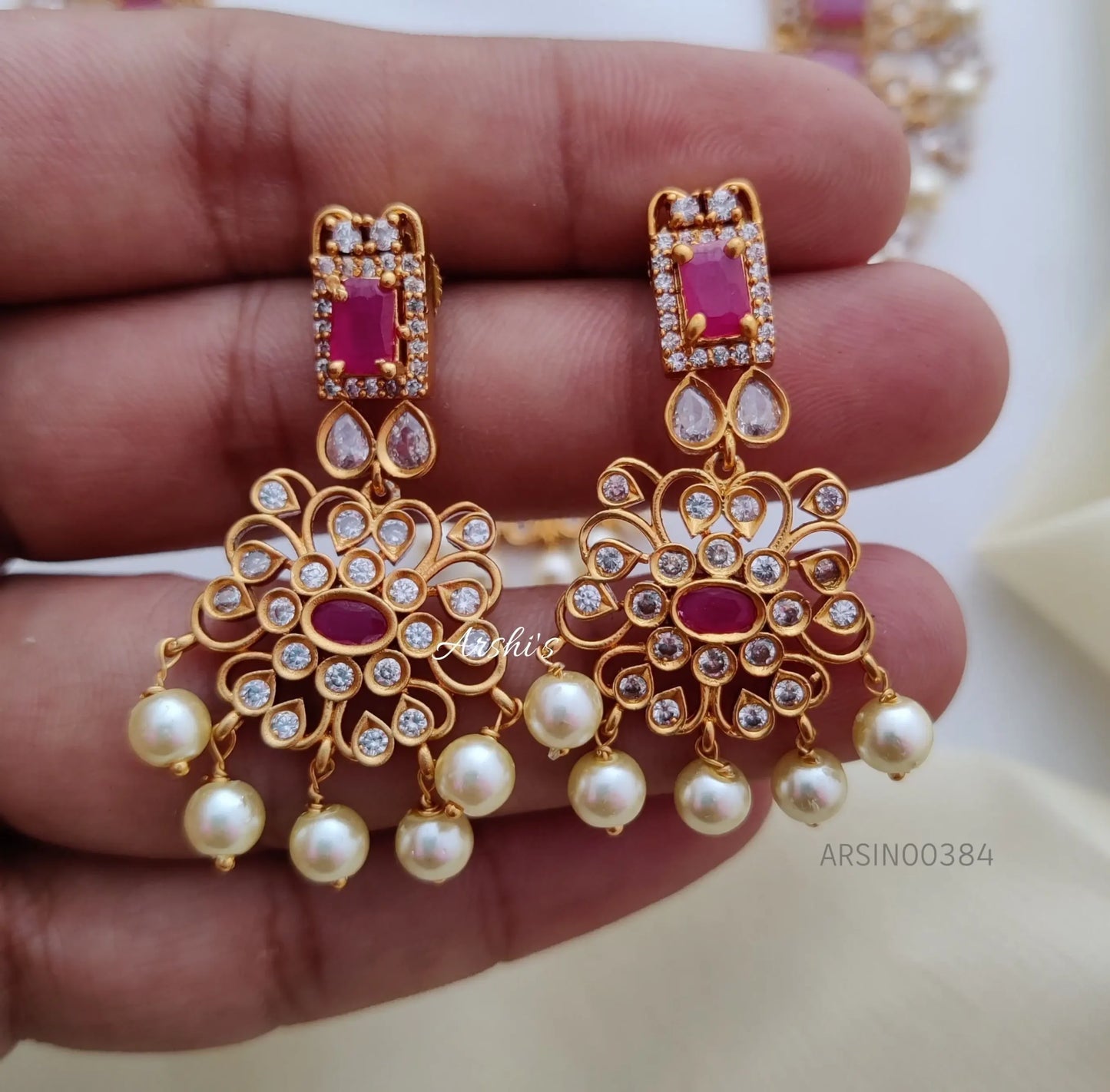 AD Ruby Stone With Pearls Necklace