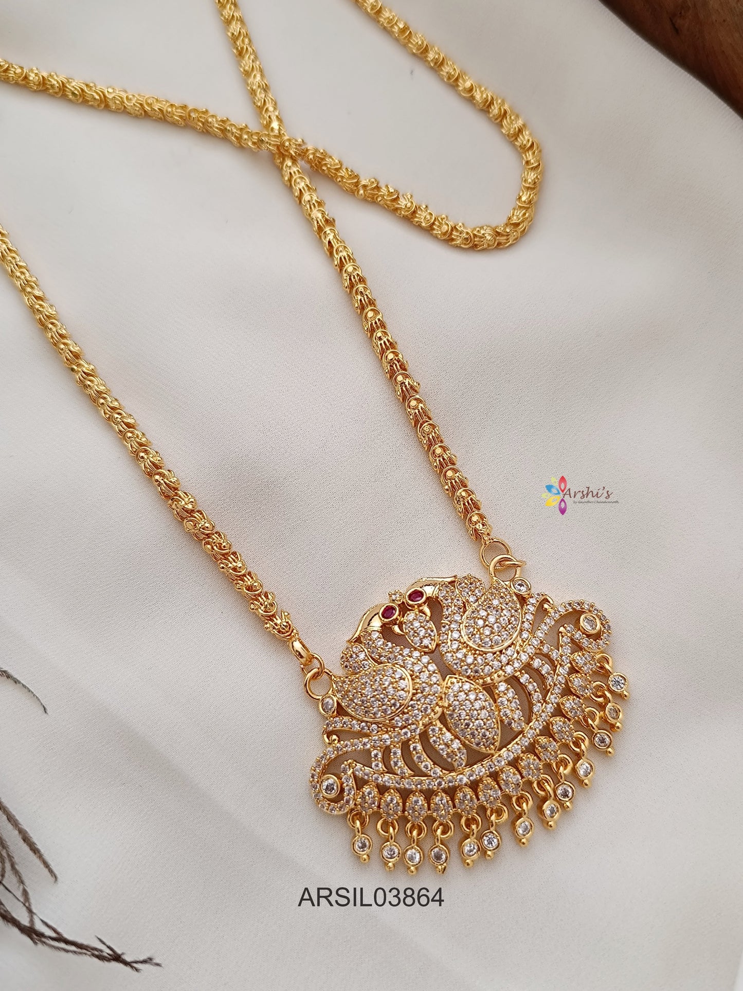 Vintage Dual Peacock White Stone Pendant Long Haram