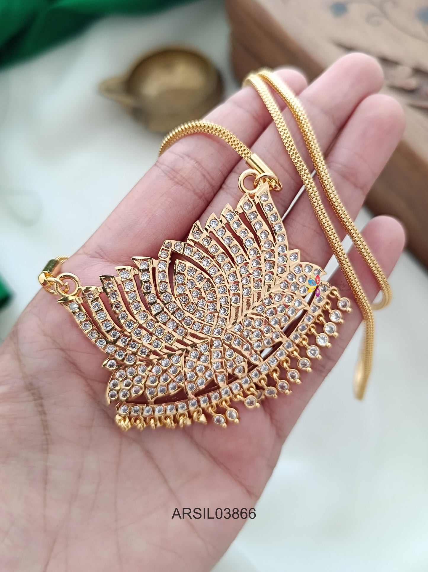 Lotus White Stone Pendant Long Haram