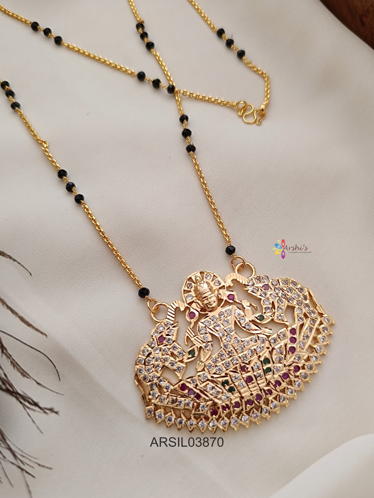 Lakshmi White Stone Pendant with Black Bead Chain Long Haram