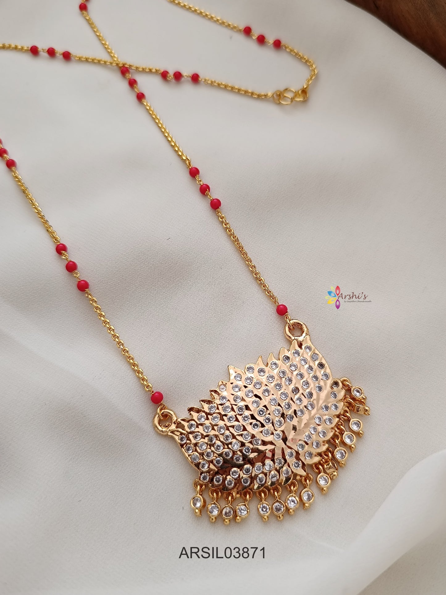 Lakshmi White Stone Pendant with Coral Bead Chain Long Haram
