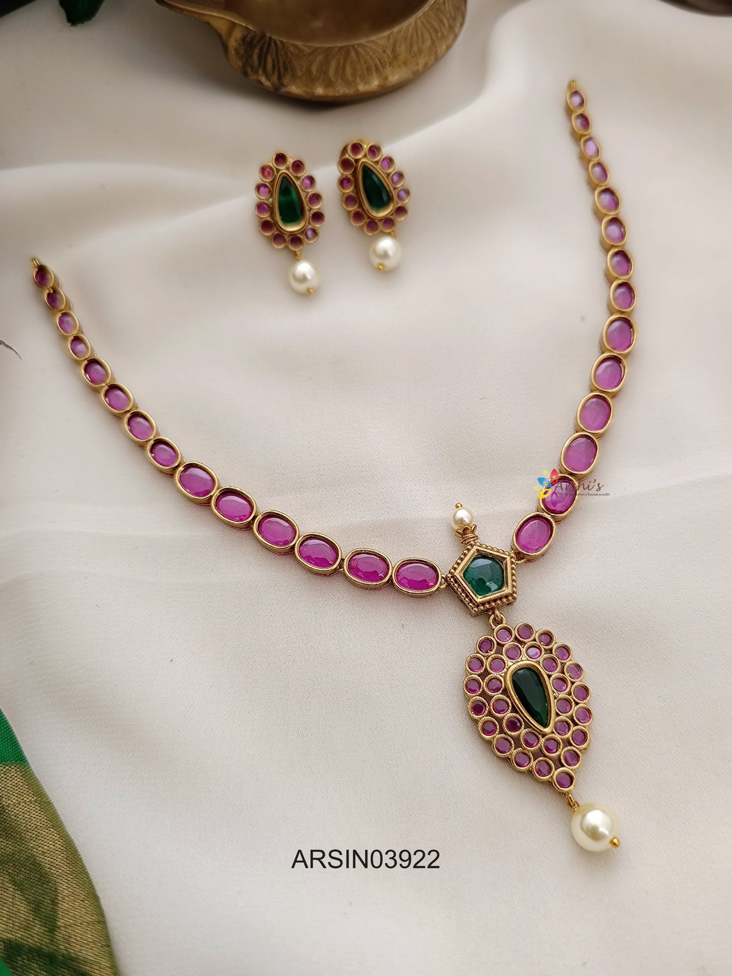 Ruby and Green Stone Perl Drop Necklace