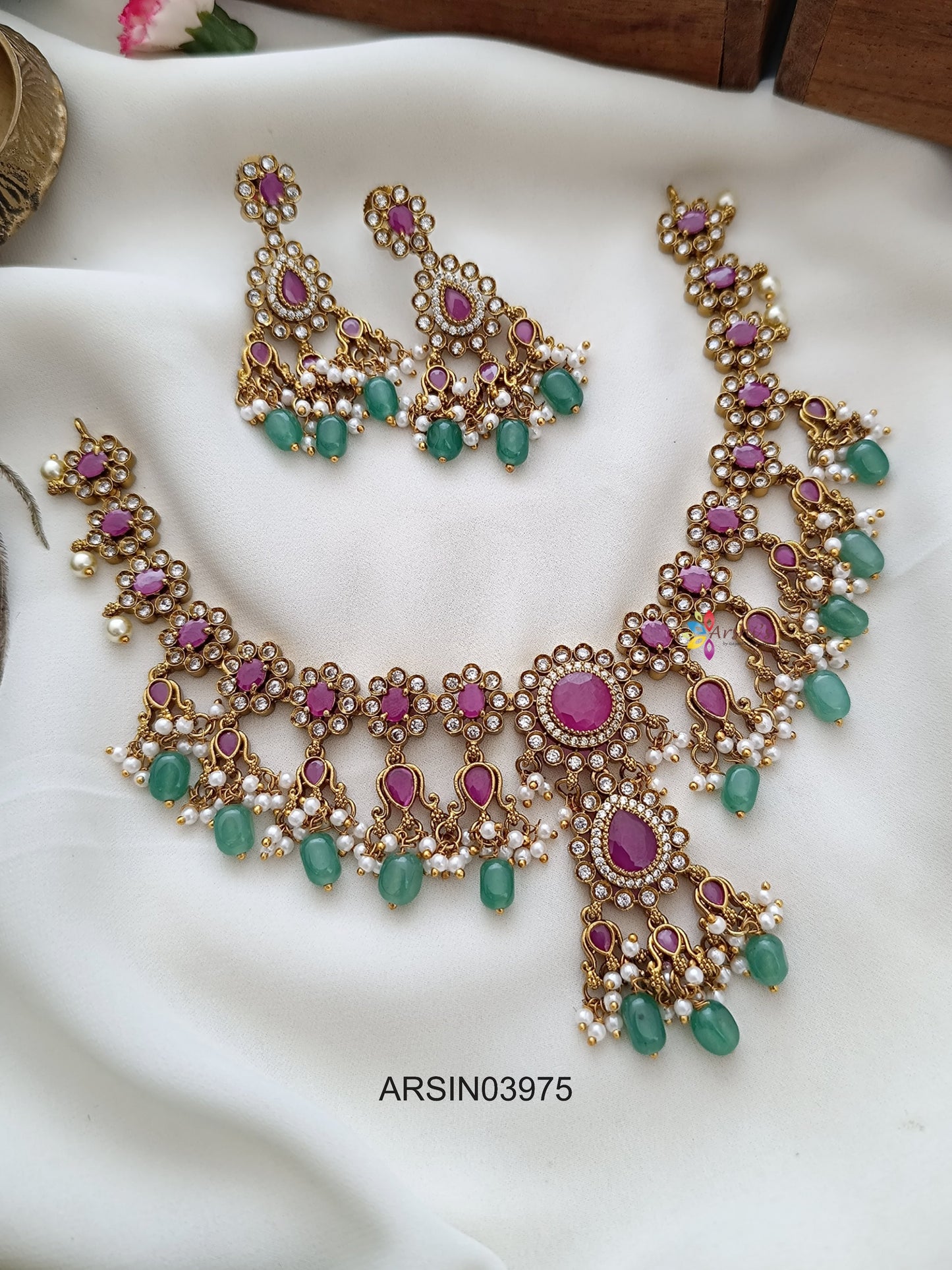 Ruby Stone Peal and Green Drops Necklace