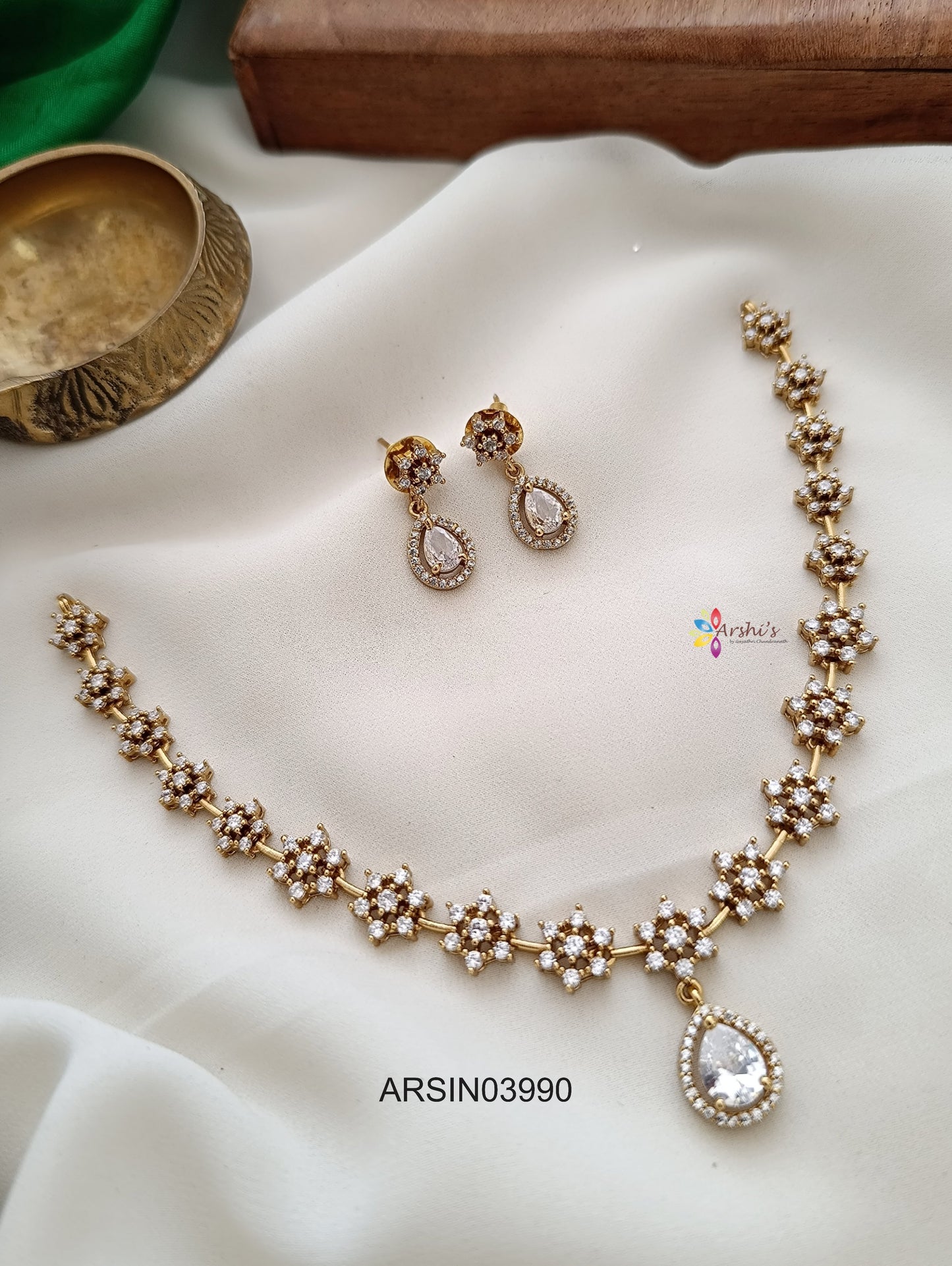 Flower AD Stone Tear Drop Necklace