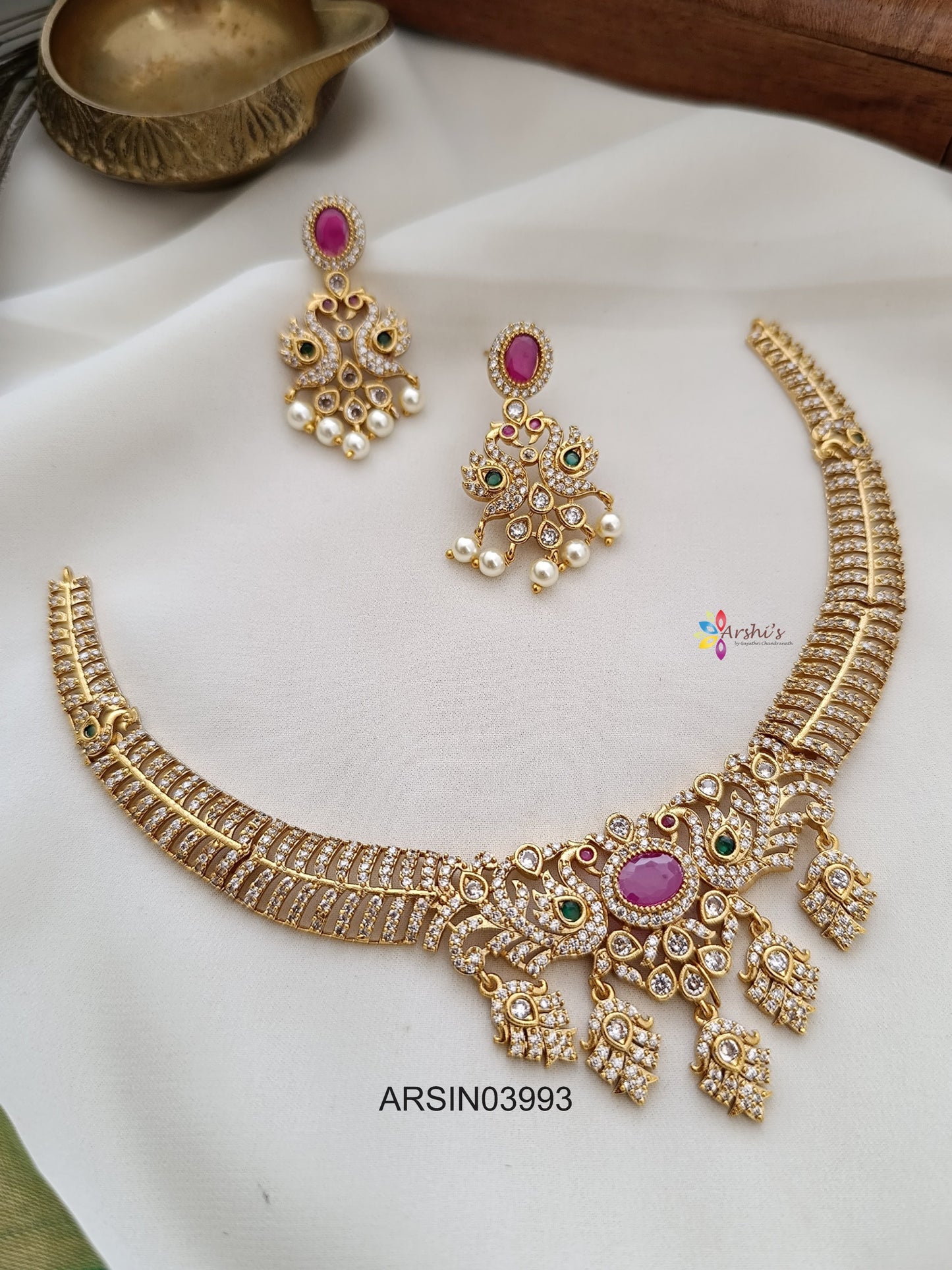 CZ Stone Peacock with Ruby Pendant Necklace