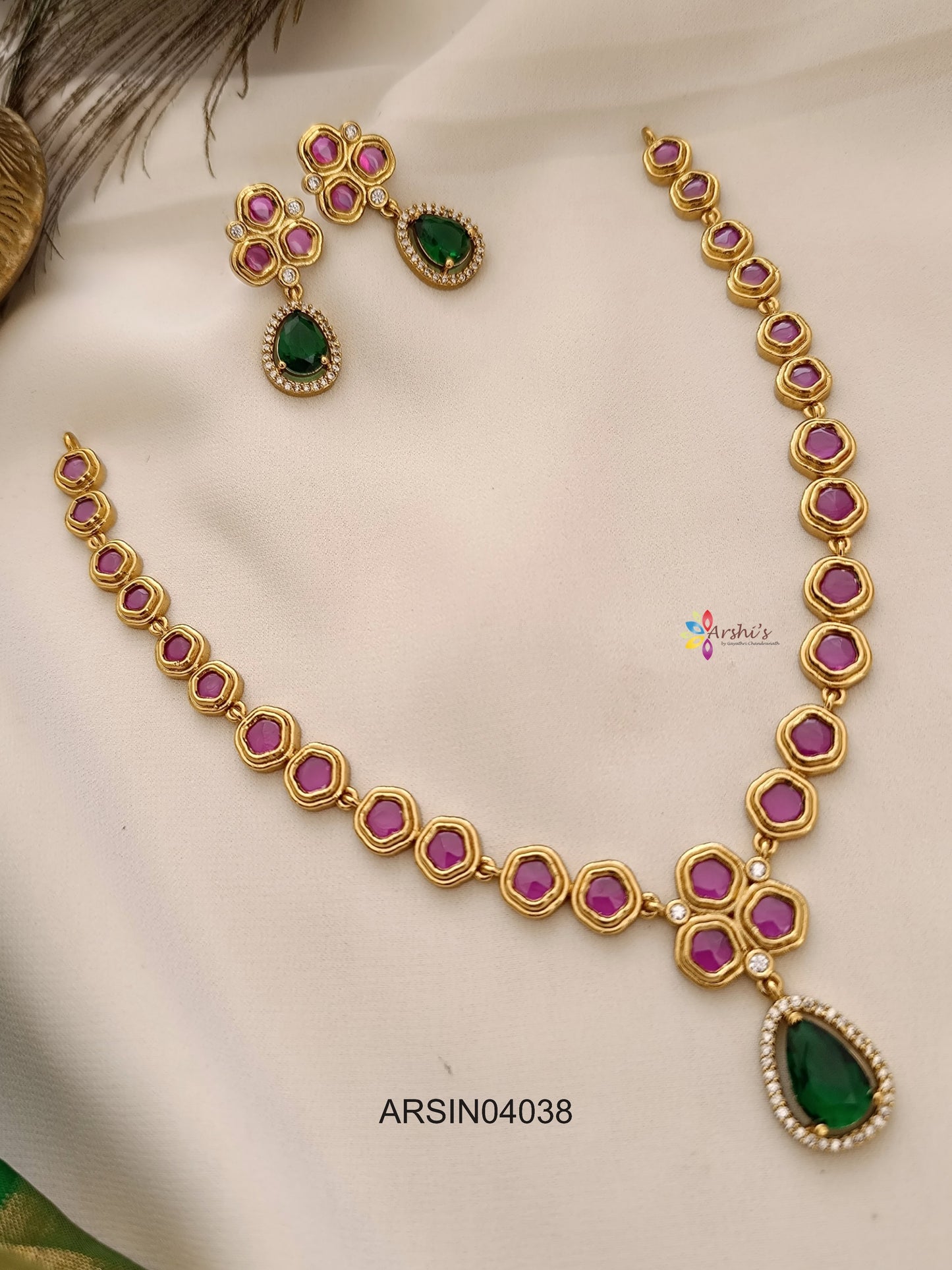 Ruby Stone Green Stone Drop Necklace