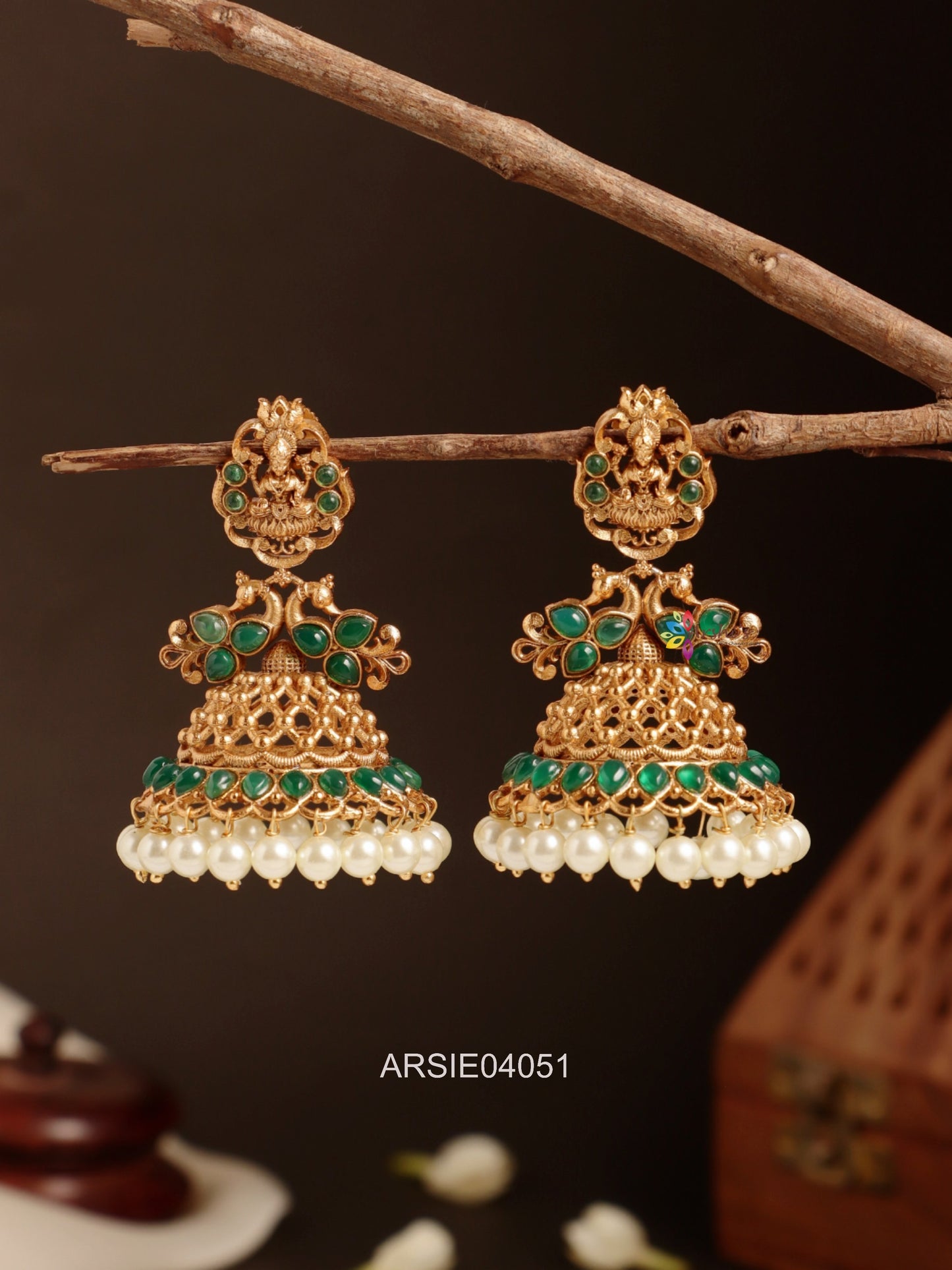 Lakshmi Green Stone Pearl Drops Jhumka