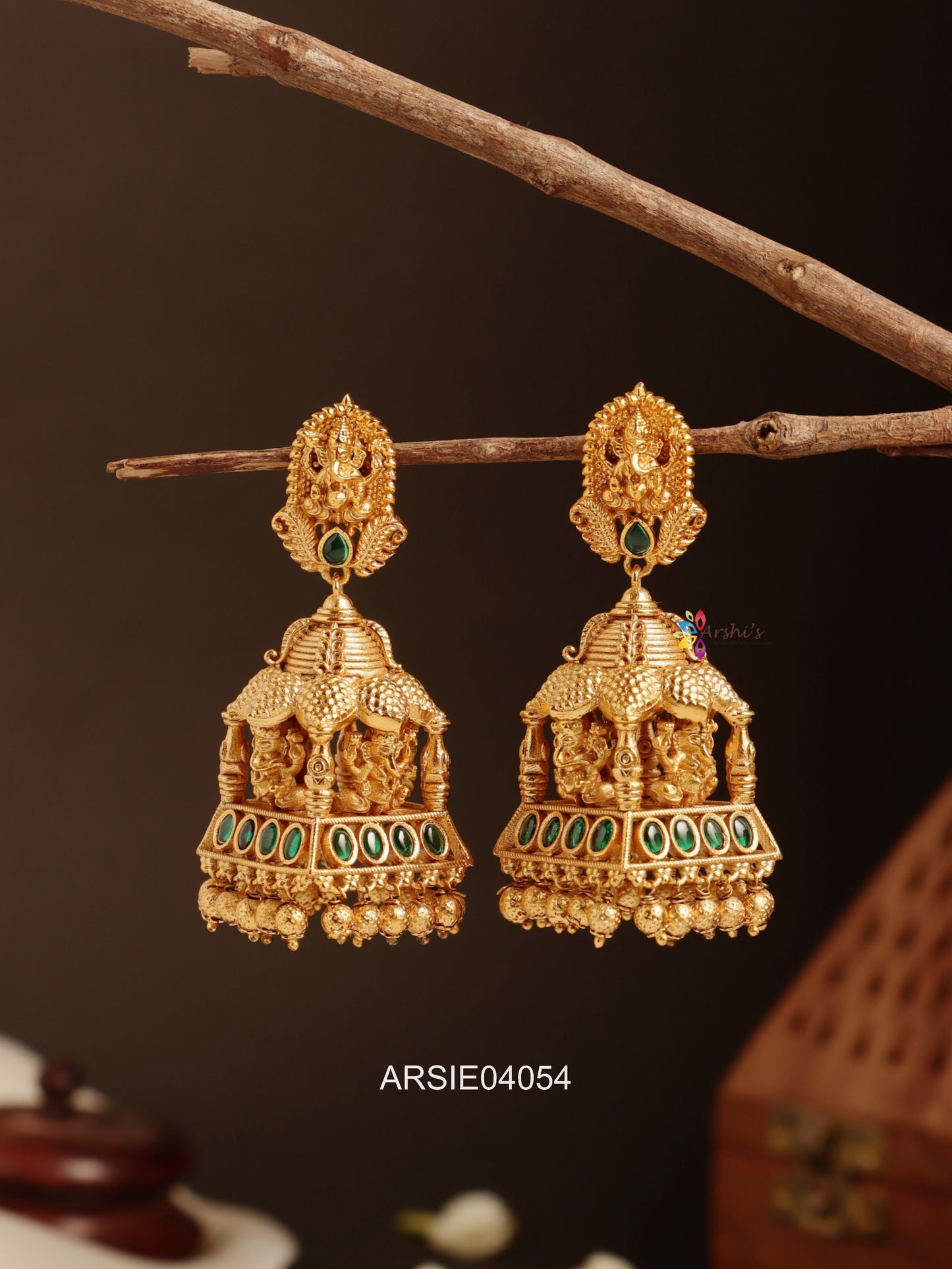 Heavy Bridal Ganesha Green Stone Jhumka