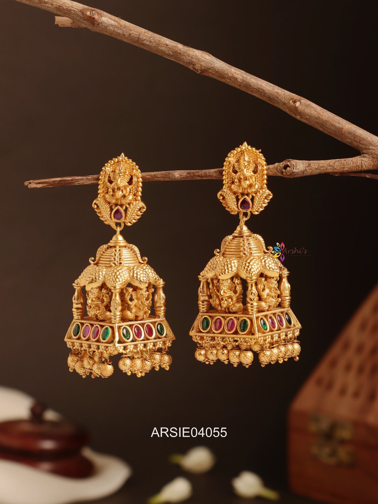 Heavy Bridal Ganesha Red and Green Stone Jhumka