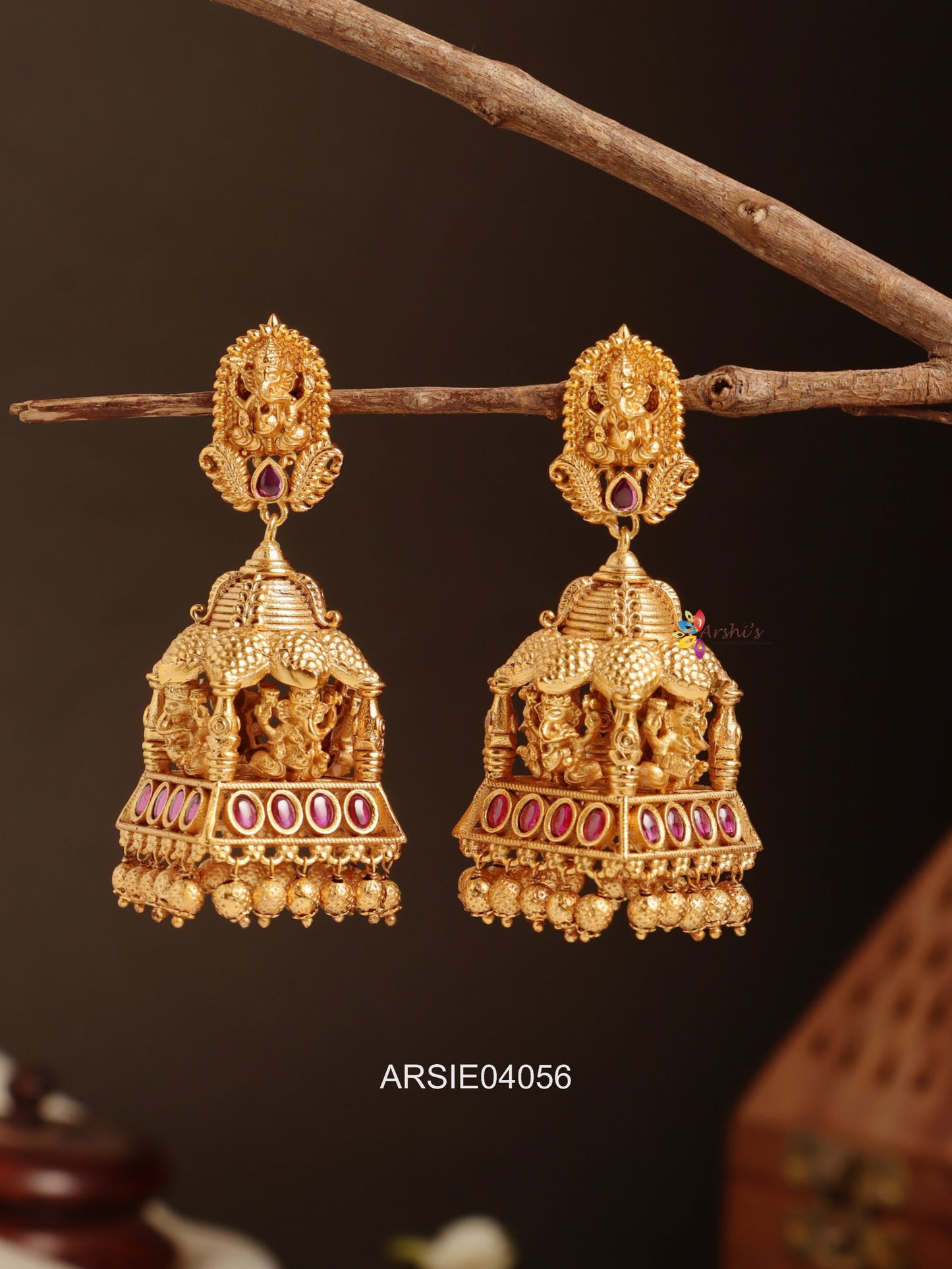 Heavy Bridal Ganesha Red Stone Jhumka