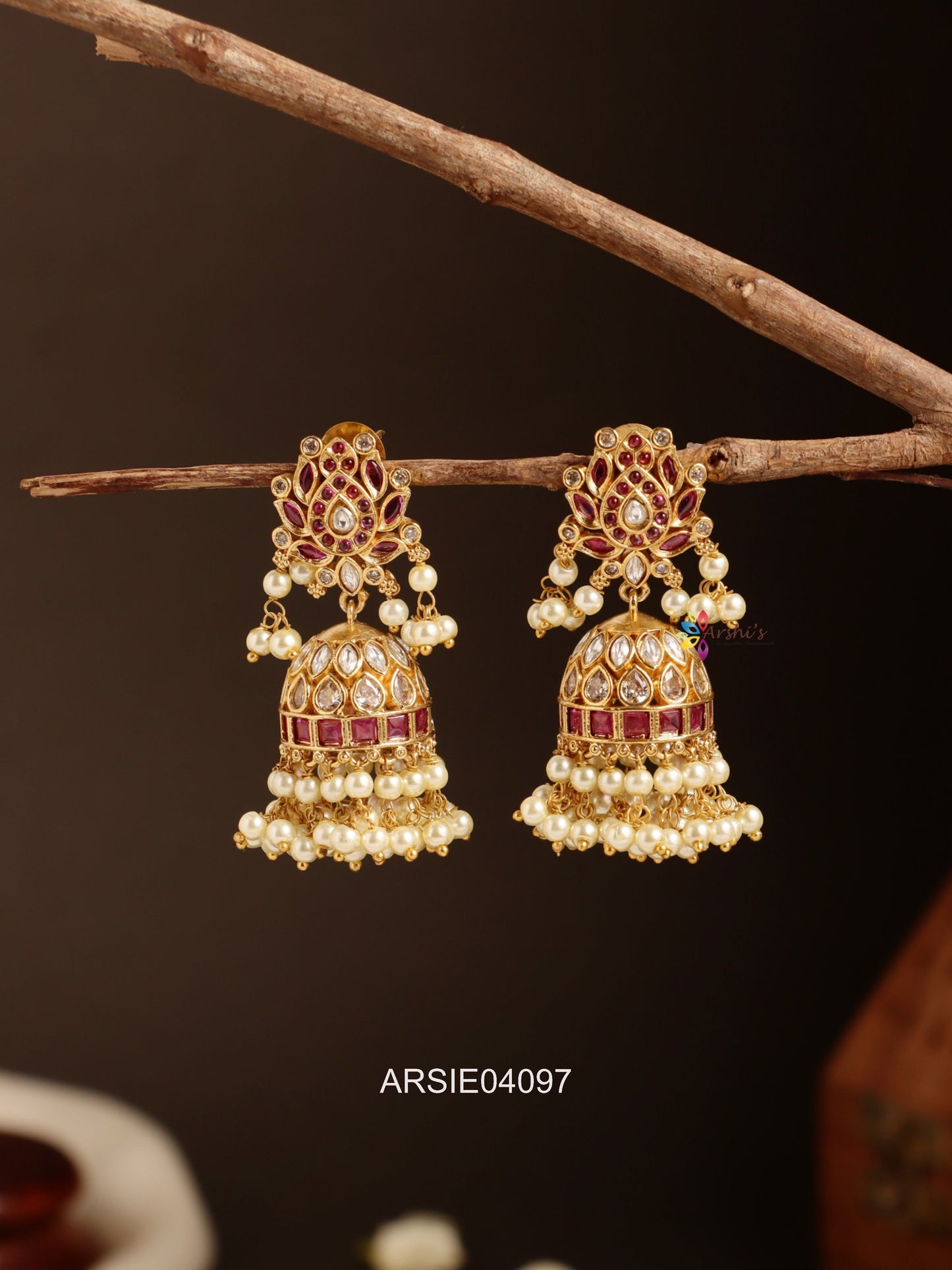 Lotus Red Stone Pear Drop Jhumka