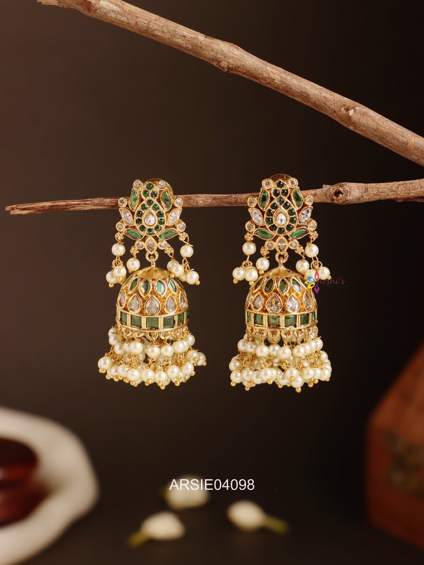 Lotus Green Stone Pear Drop Jhumka