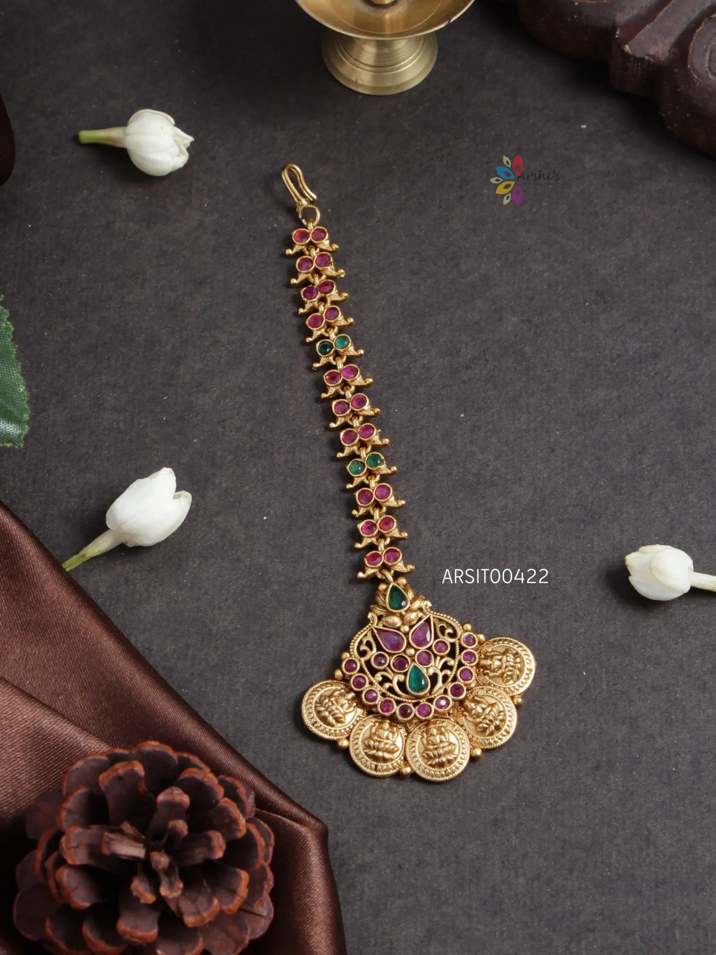 Lakshmi Coin Red and Green Stone Maangtikka