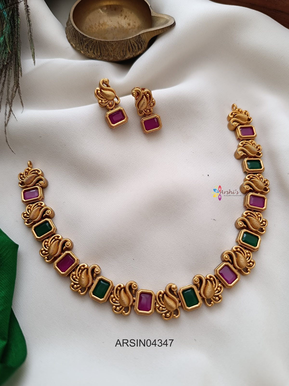 Swan Square Pink and Green Stone Necklace