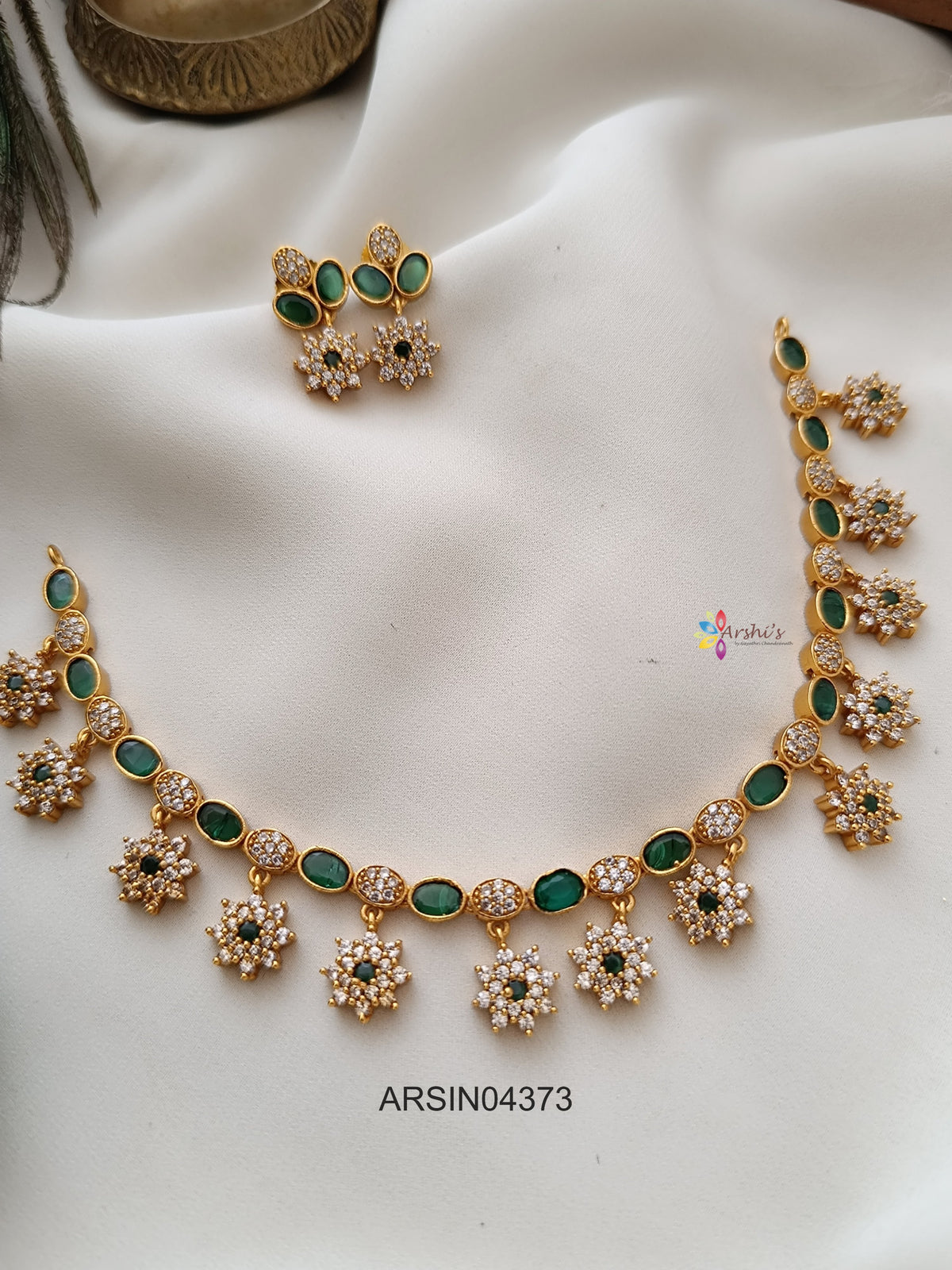 Emerald and White Stone Flower Drop Necklace