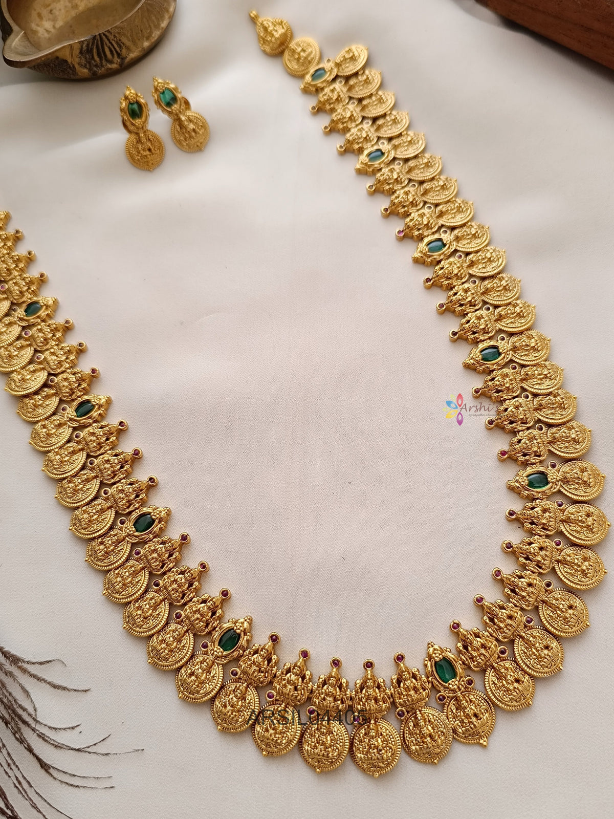 Lakshmi Coin Emerald Stone Long Haram
