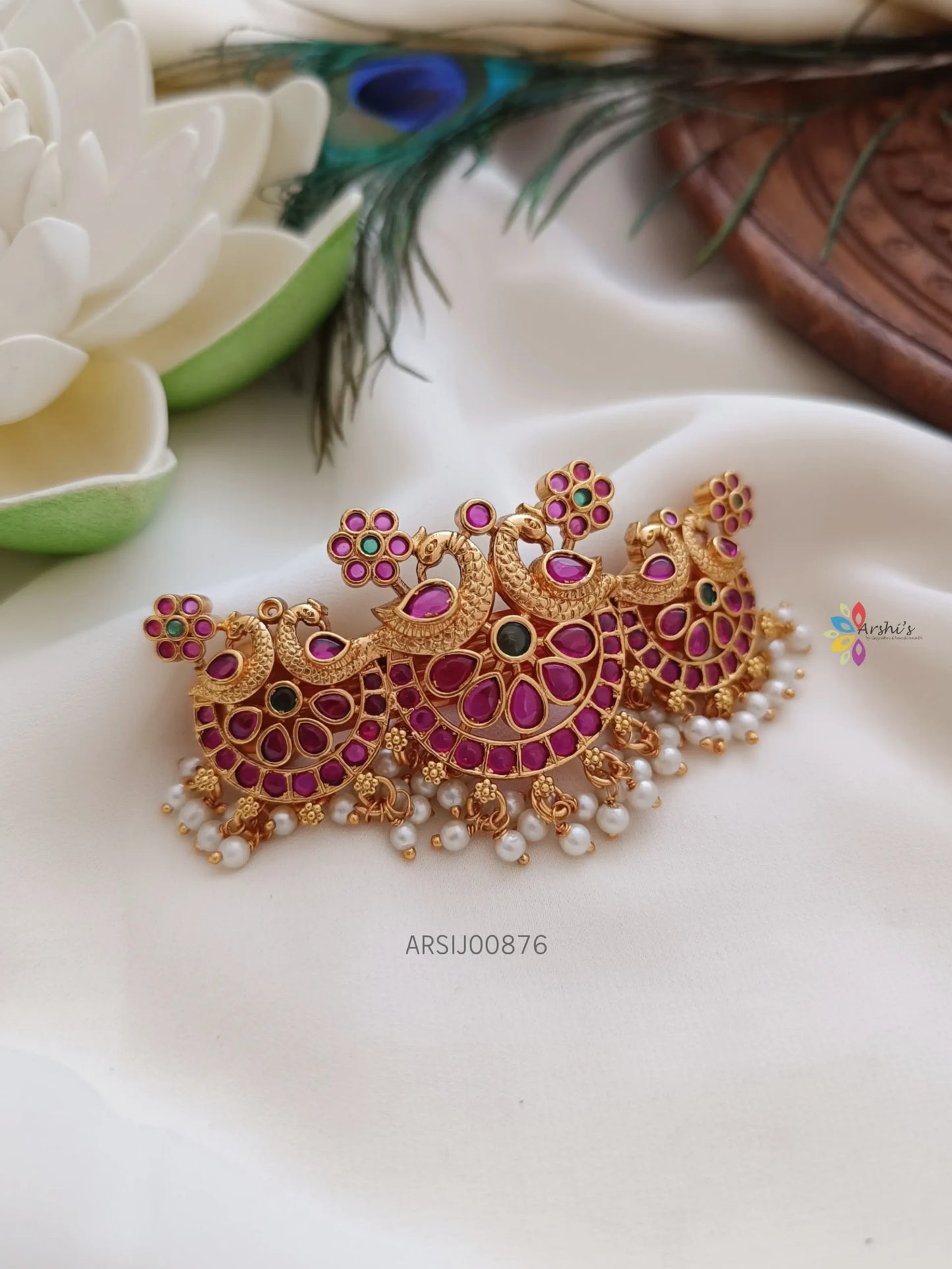 Peacock Kemp Stone Pearl Drops Hair Clip