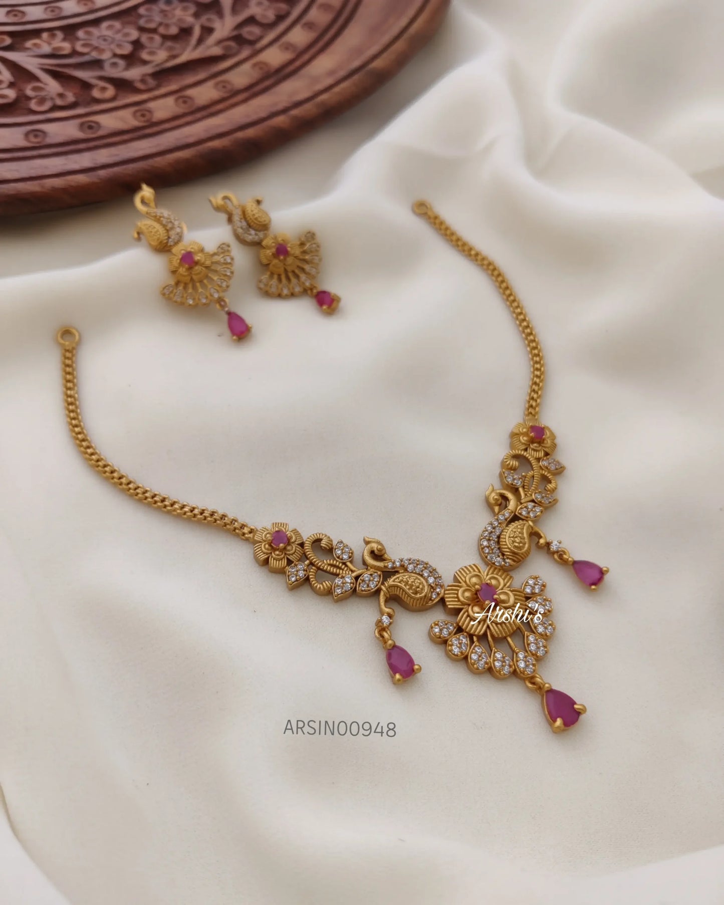 Trendy Peacock with Red and White Stone Necklace