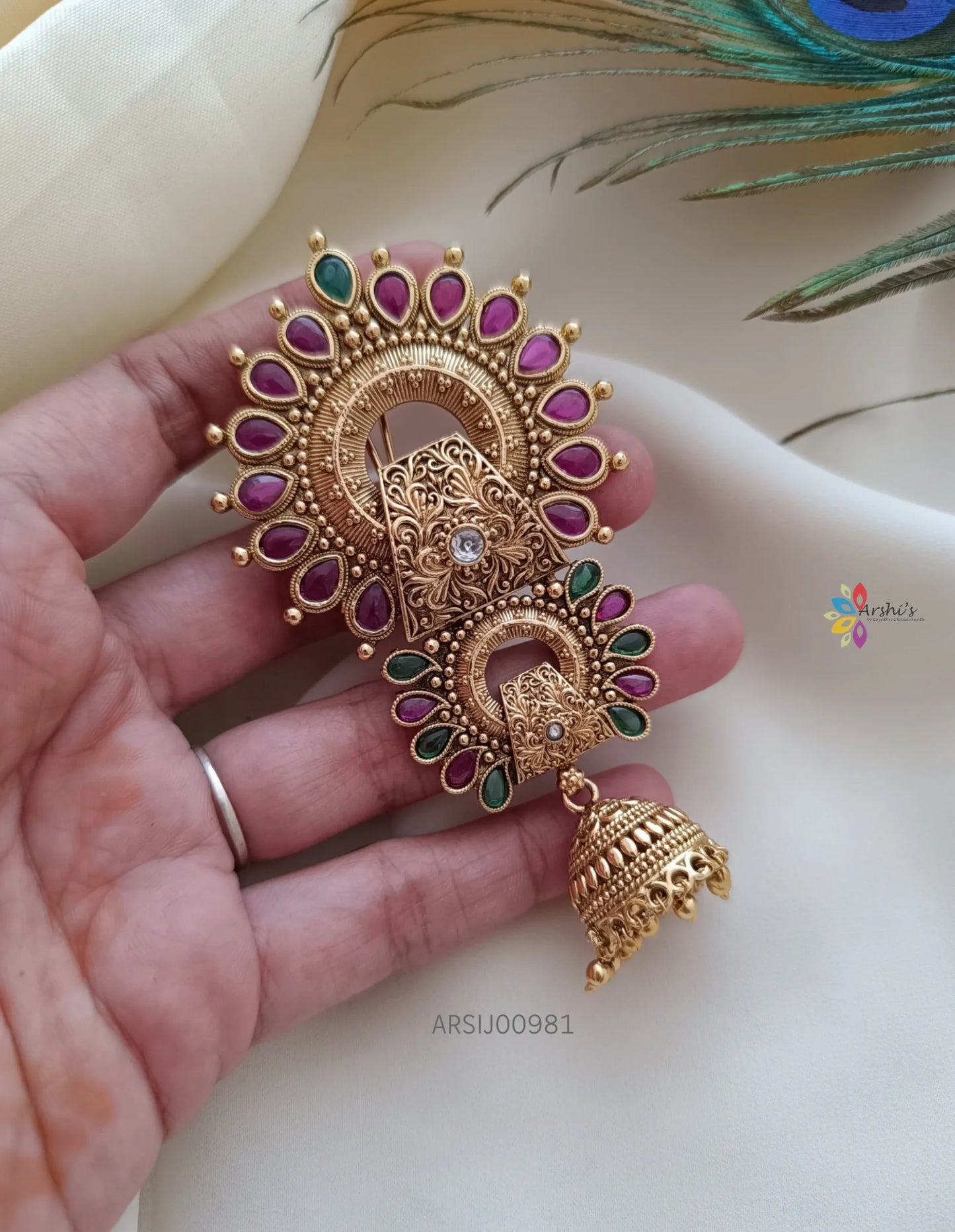 Red and Green Stone Jhumka Hangging Jadabilla