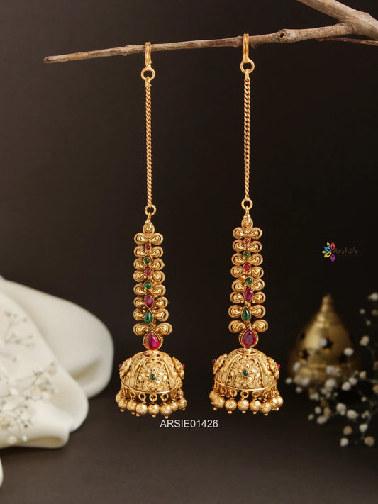 Kemp Red and Green Stone Long Jhumka with Mattal