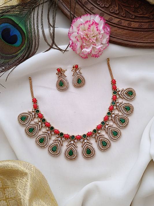 Coral with Emerald and AD Stone Necklace