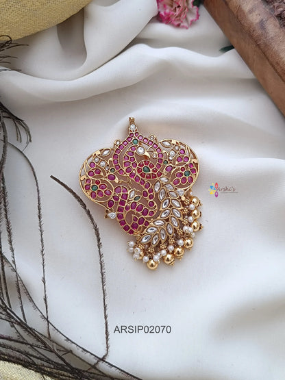 Peacock Kemp Red and White Kundan Stone Pendant