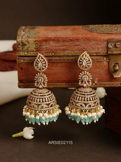 White AD Stone Pearl and Green Bead Jhumka