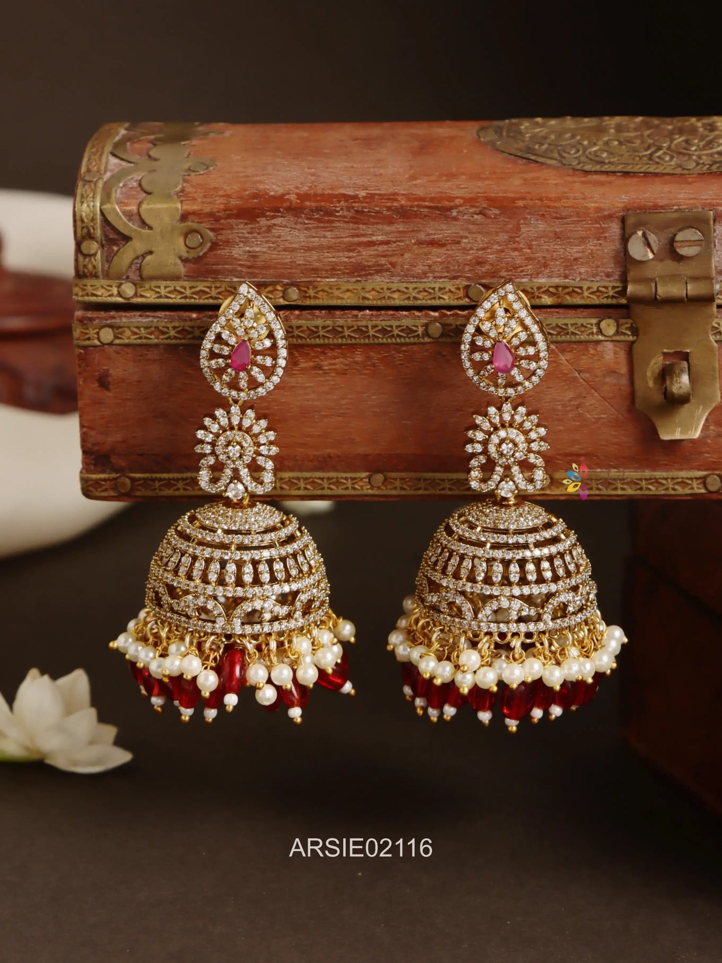 White AD Stone Pearl and Red Bead Jhumka