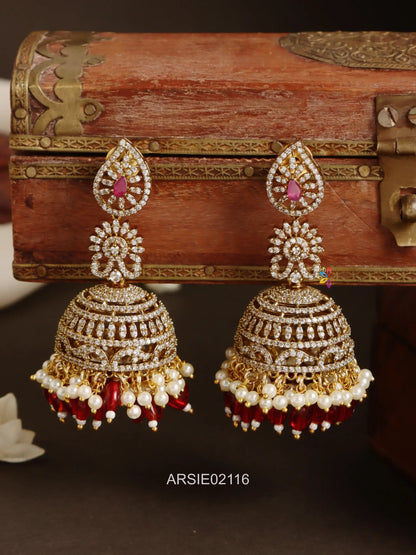 White AD Stone Pearl and Red Bead Jhumka