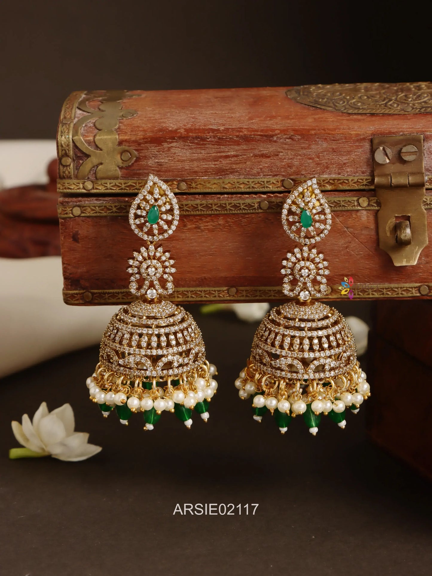 White AD Stone Pearl and Green Bead Jhumka