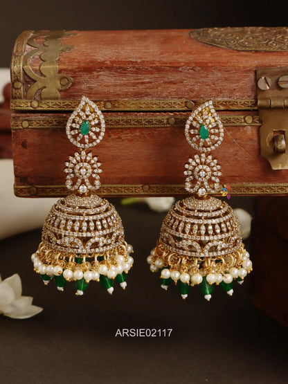 White AD Stone Pearl and Green Bead Jhumka