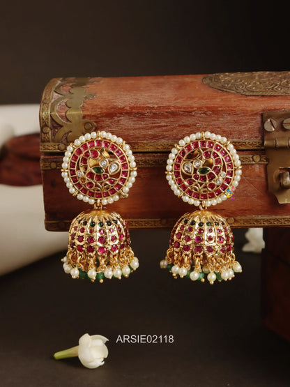 Kundan Pearl Hangging Meenakari Jhumka