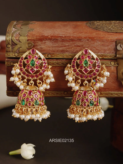 Kemp and Green Stone Pearl Drop Jhumka