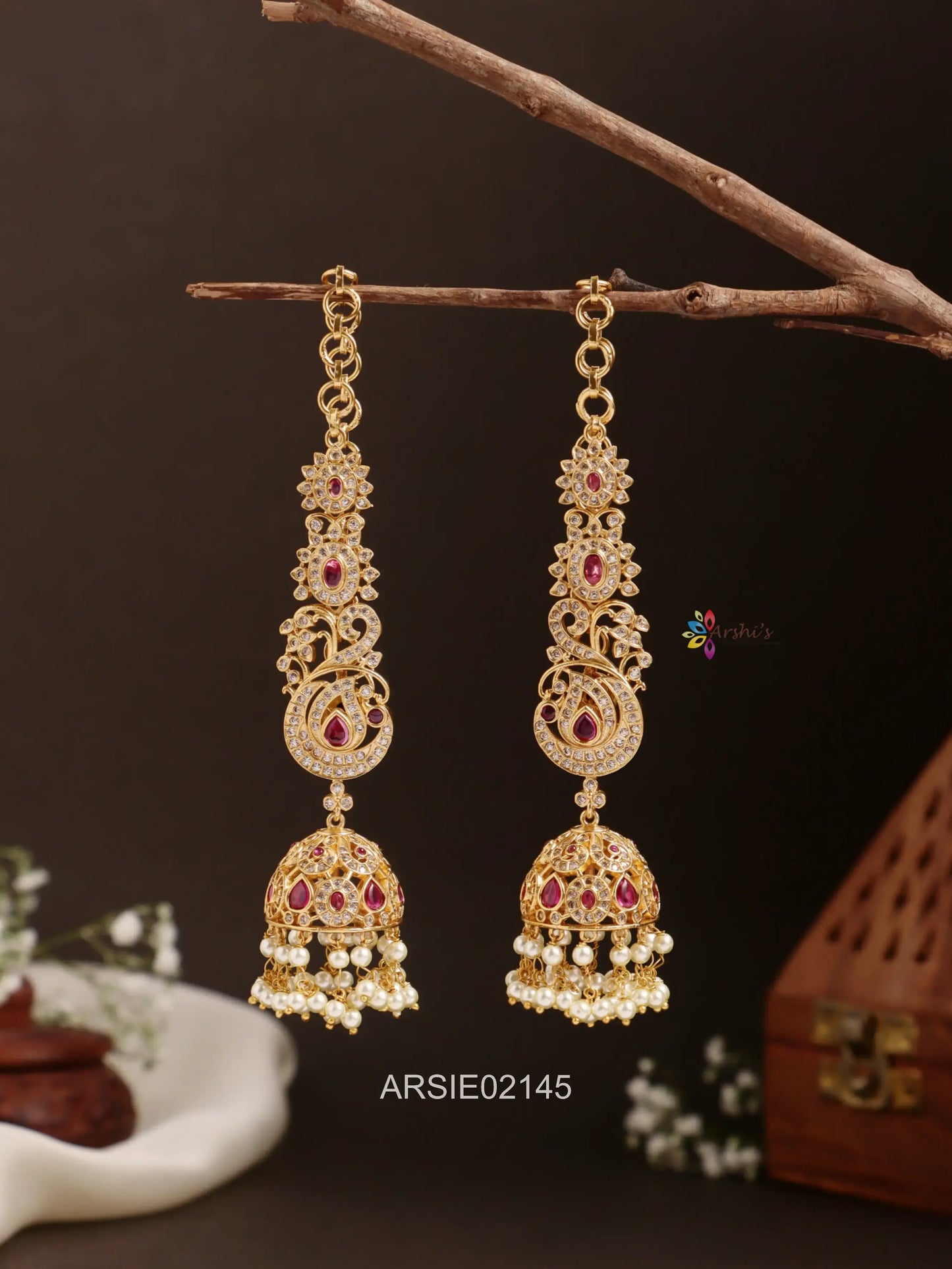Peacock Design Stone Jhumka with Earchains