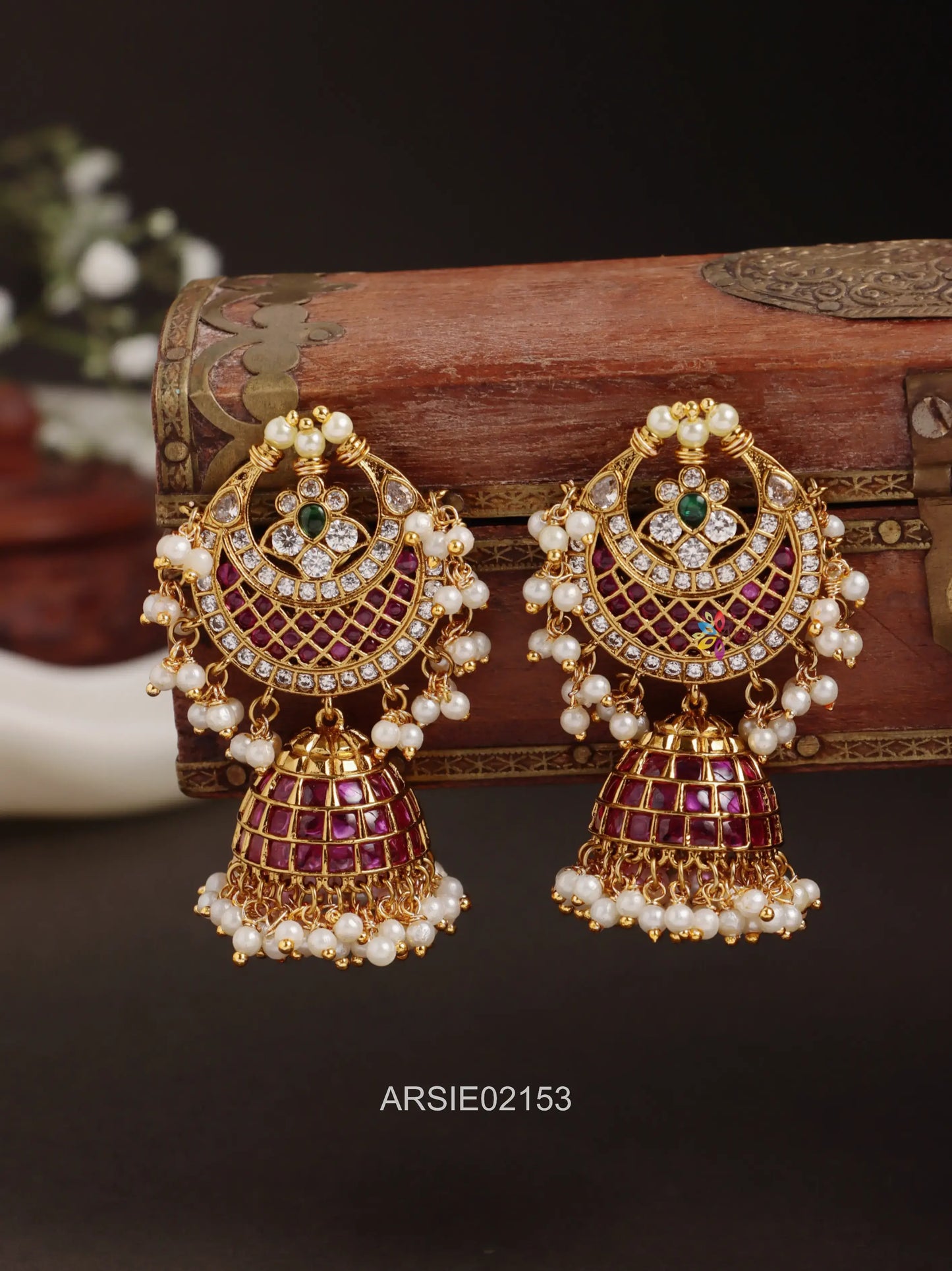 Half Moon Kemp Stone Pearl Drop Jhumka