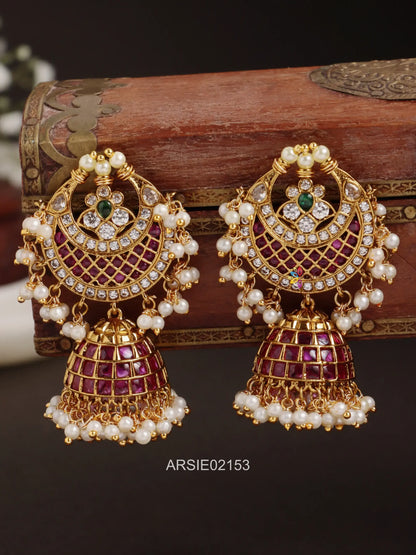Half Moon Kemp Stone Pearl Drop Jhumka