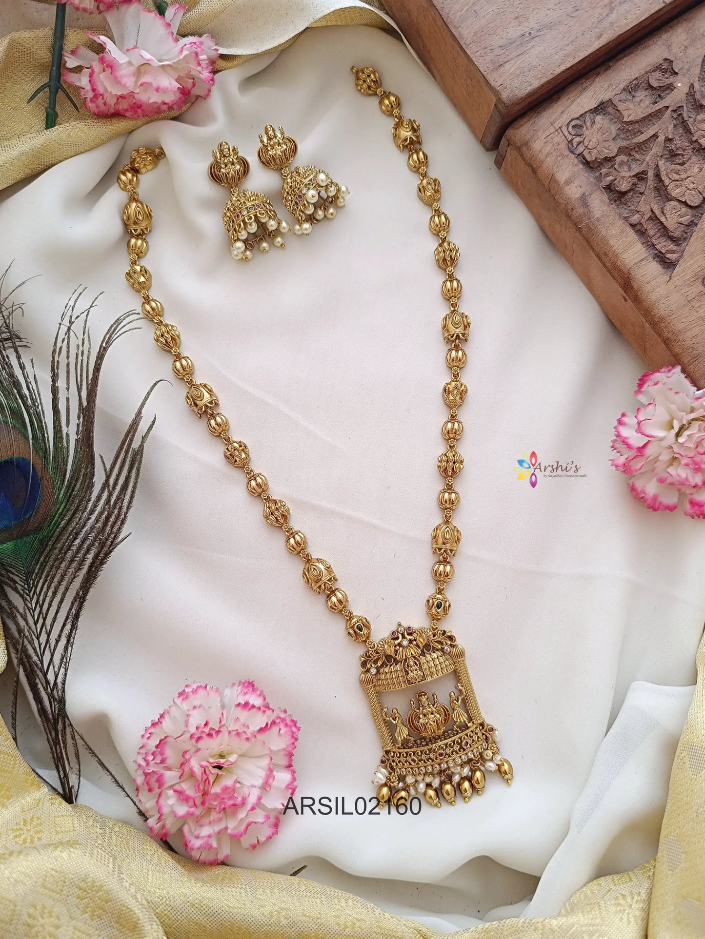 Gold Bead Lakshmi Pendant Long Haram
