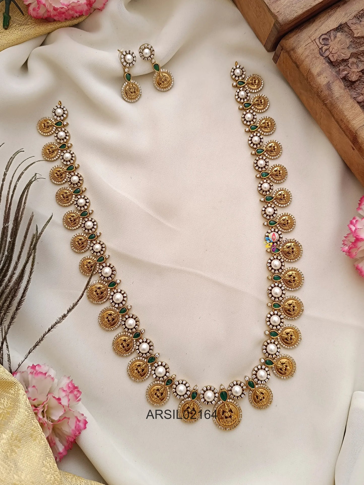 Pearl and AD Stone Lakshmi Coin Long Haram