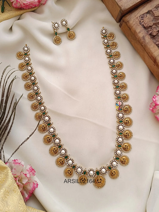 Pearl and AD Stone Lakshmi Coin Long Haram