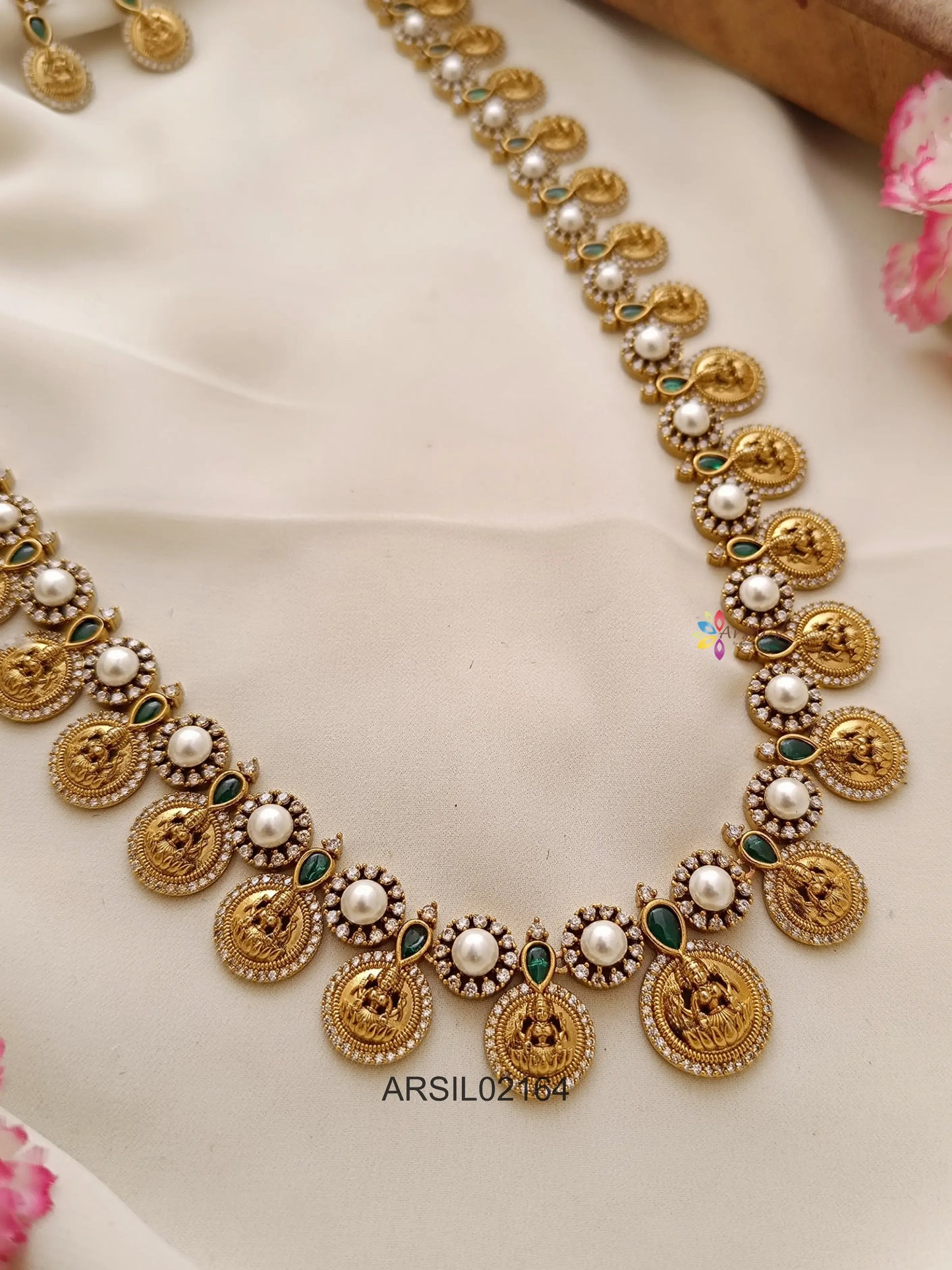 Pearl and AD Stone Lakshmi Coin Long Haram