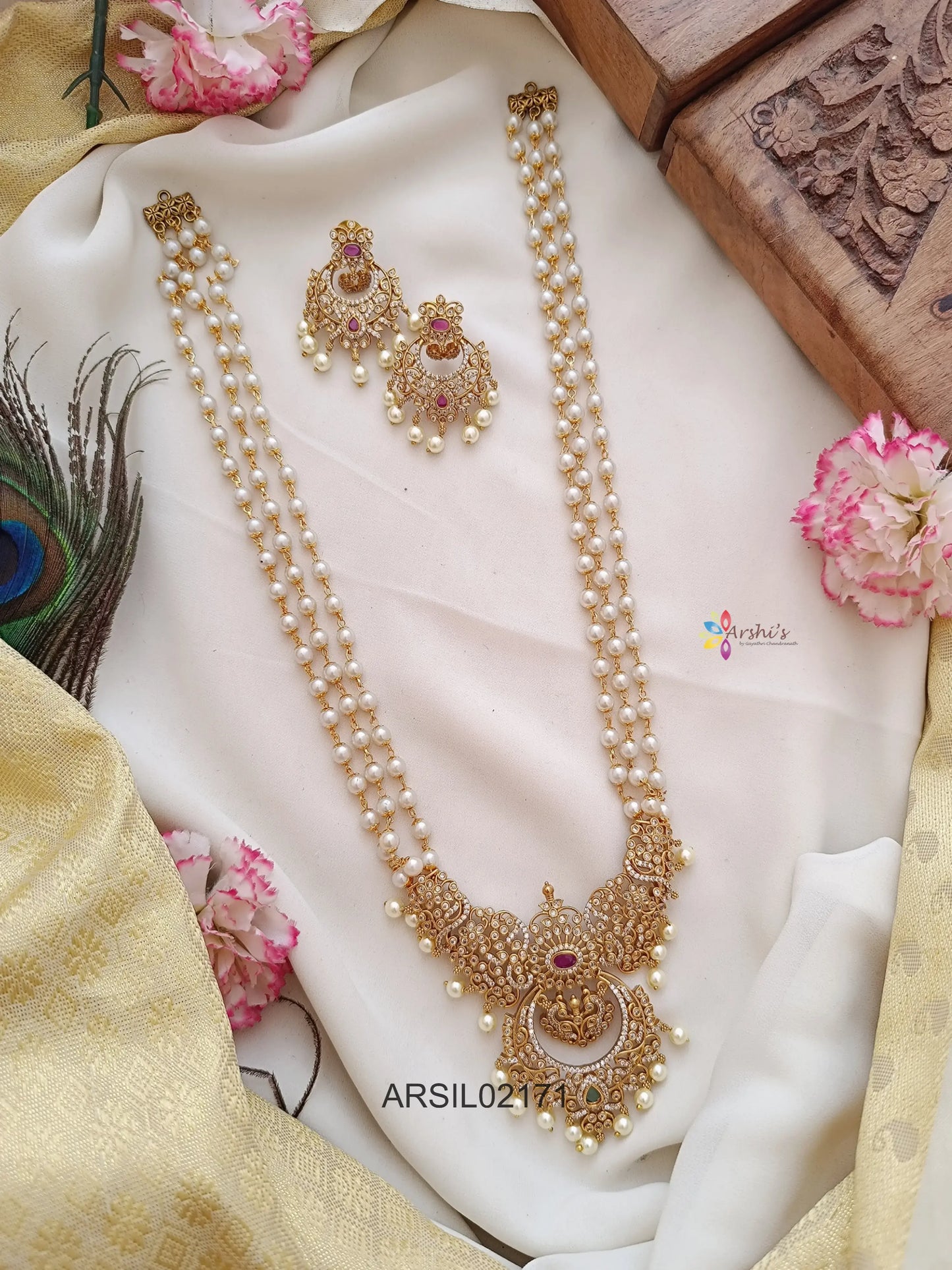 Three Layer  Pearl Haram with Stone Chandbali Pendant