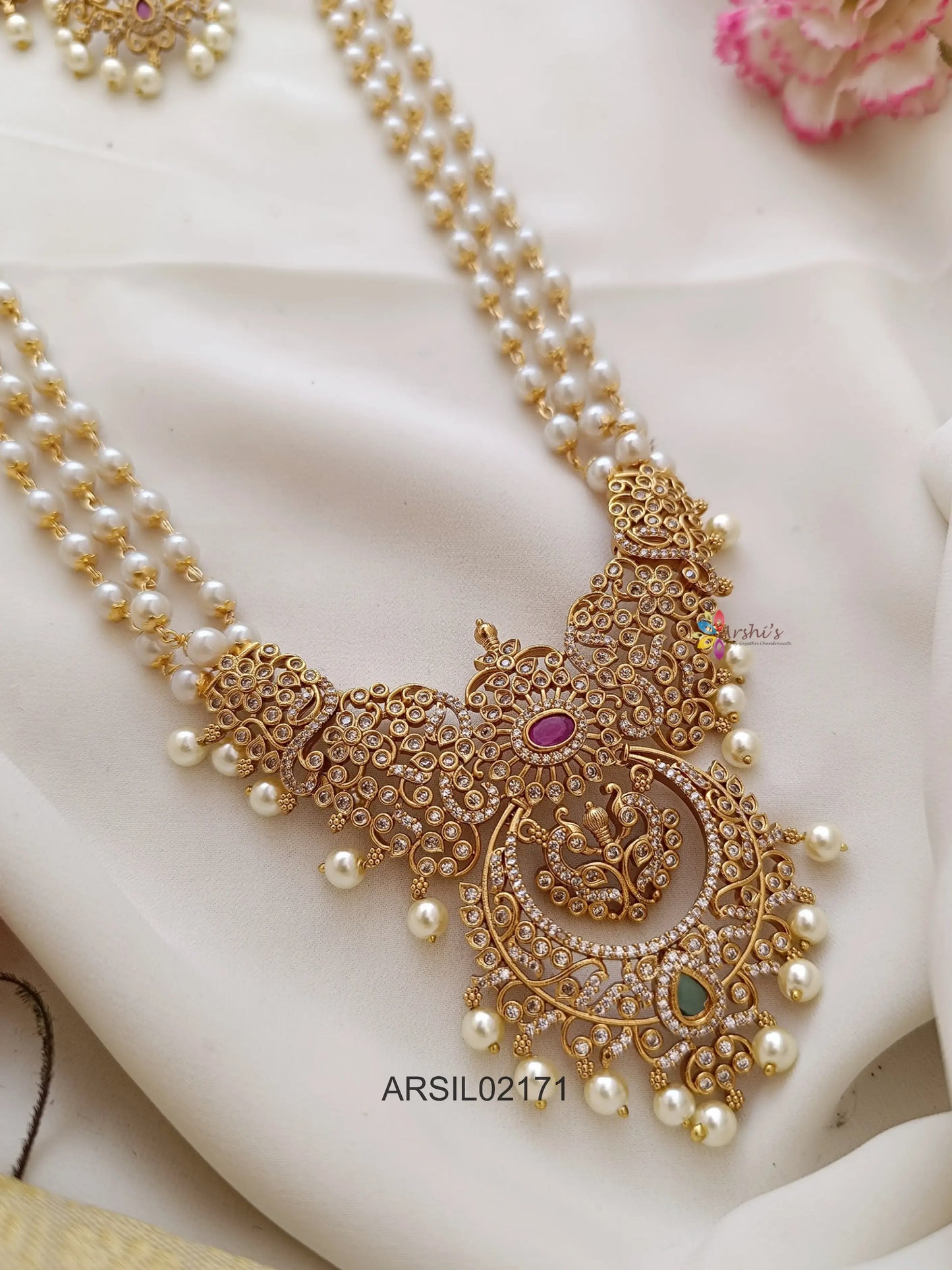 Three Layer  Pearl Haram with Stone Chandbali Pendant