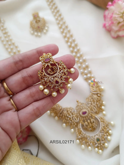 Three Layer  Pearl Haram with Stone Chandbali Pendant