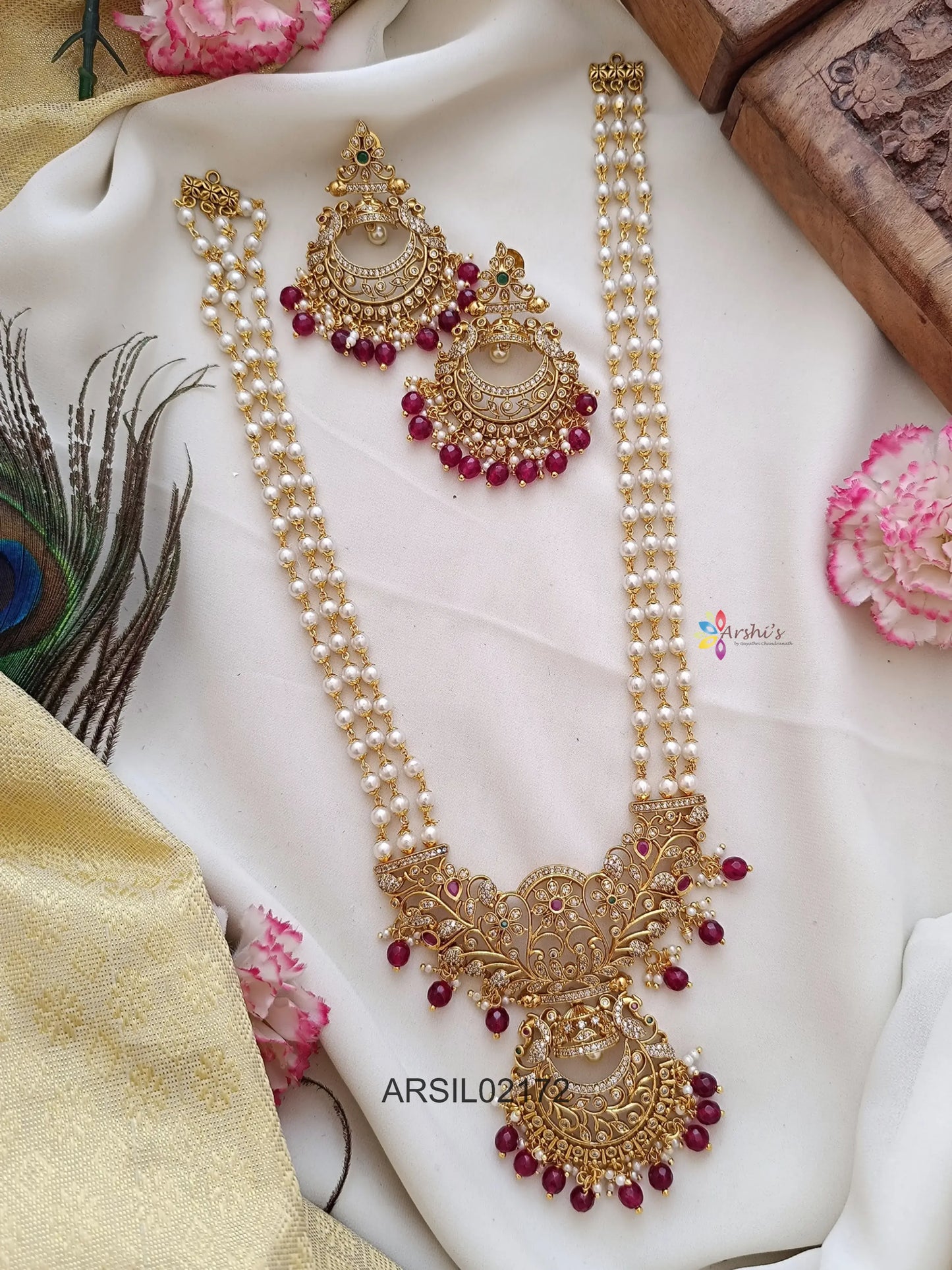 Three Layer Pearl Haram with Red Bead Chandbali Pendant