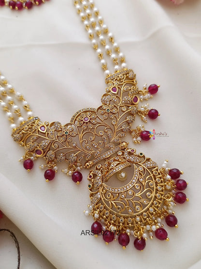 Three Layer Pearl Haram with Red Bead Chandbali Pendant
