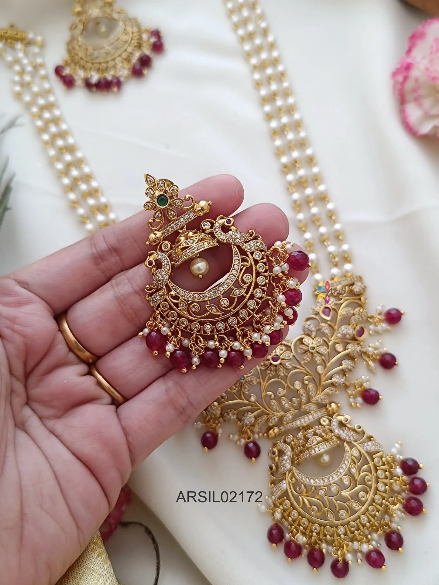Three Layer Pearl Haram with Red Bead Chandbali Pendant