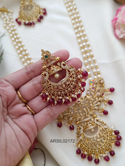 Three Layer Pearl Haram with Red Bead Chandbali Pendant