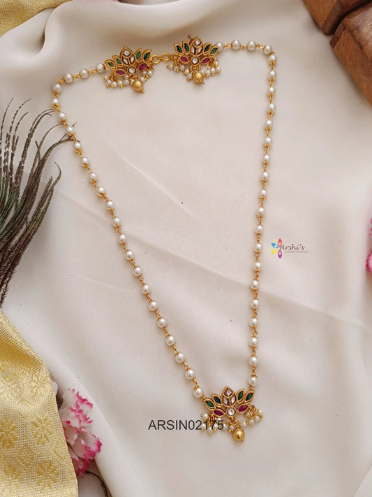 Single Pearl Layer with Multi Color Lotus Pendant Necklace