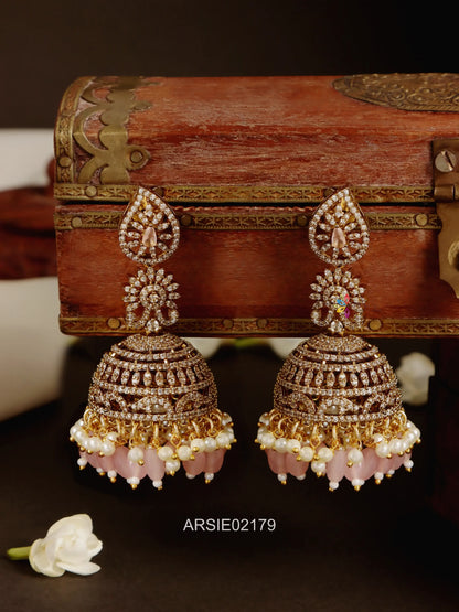 Pale Pink Stone and Beads Long Jhumka