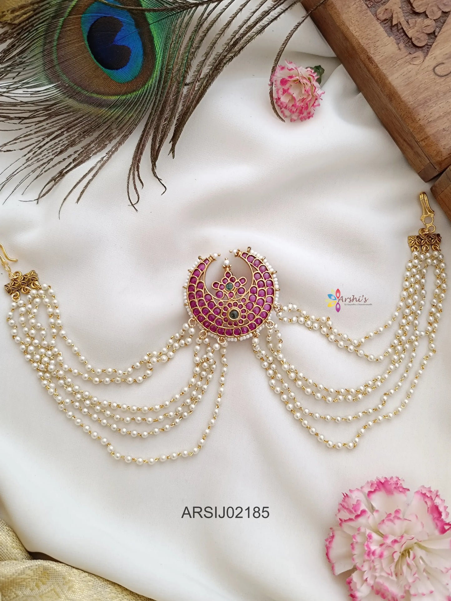 Kemp Stone Moon Design Pearl Layer Hair Brooch